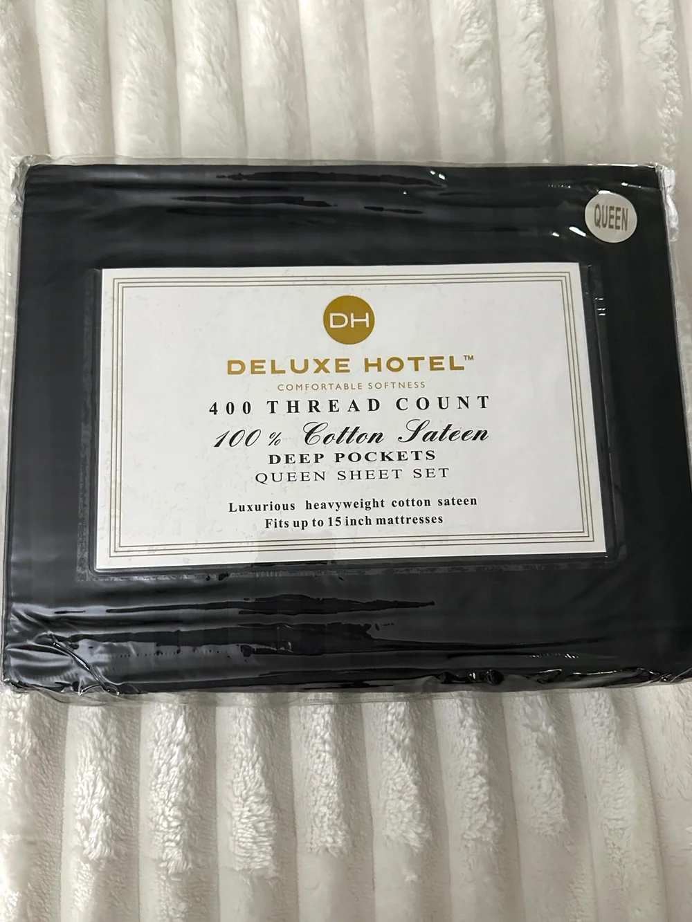 100% Cotton Sateen 400 Thread Count QUEEN sheet set Black Striped NEW NWT